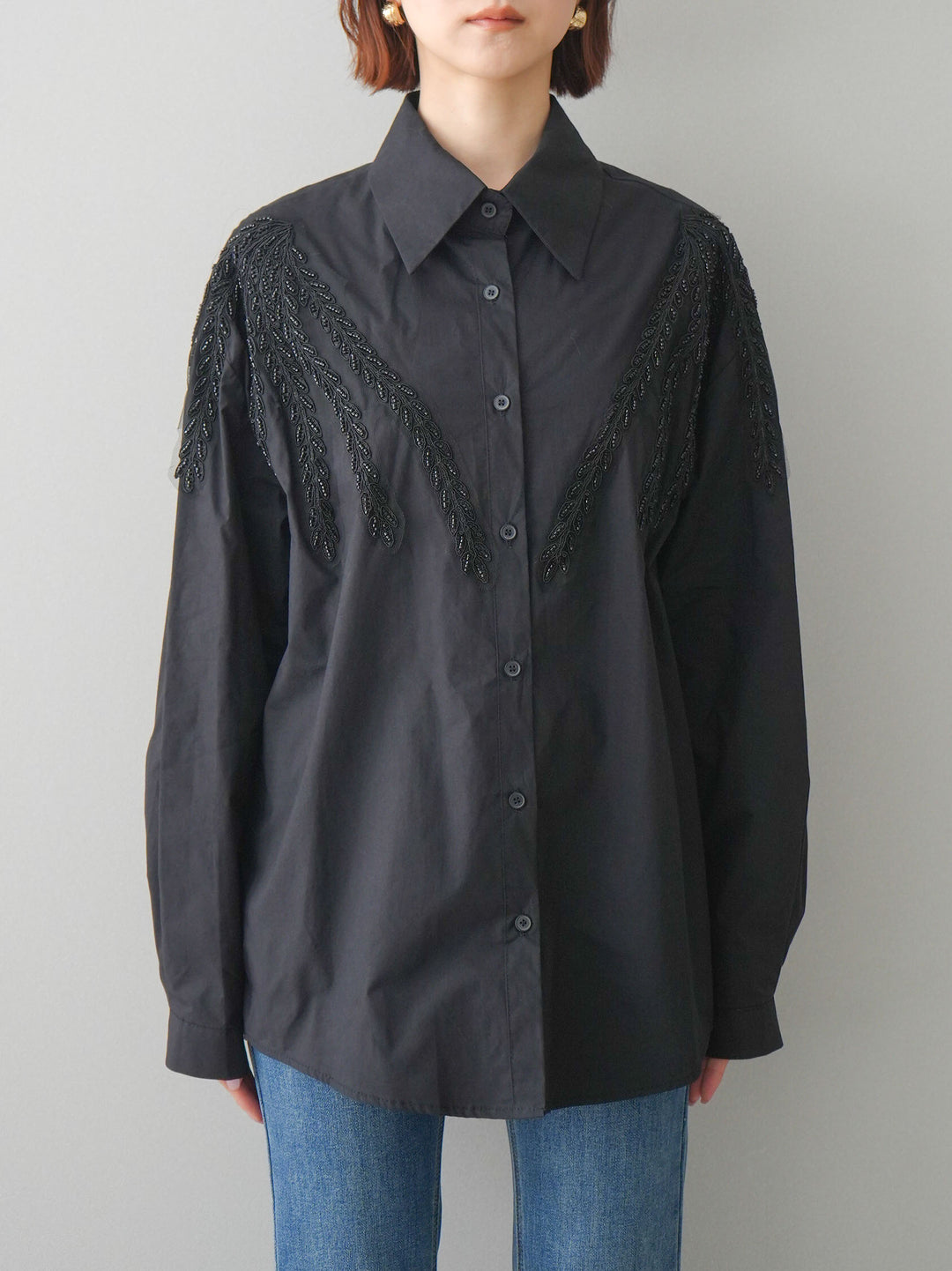[予約]ビーズ刺繍デザインシャツ/black