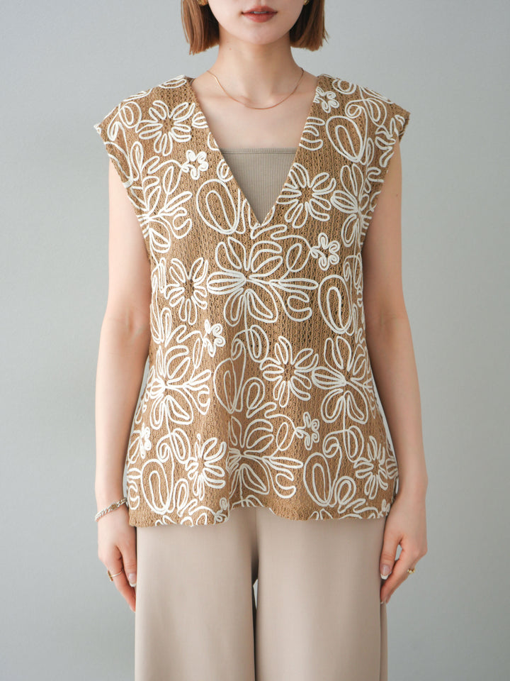 [予約]メッシュコード刺繍ベスト/ベージュ