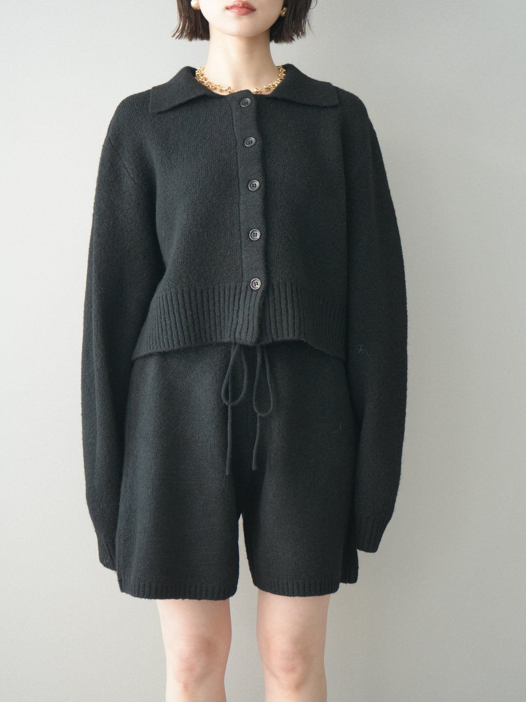 [予約]メランジニット襟付きクロップドカーディガン/black