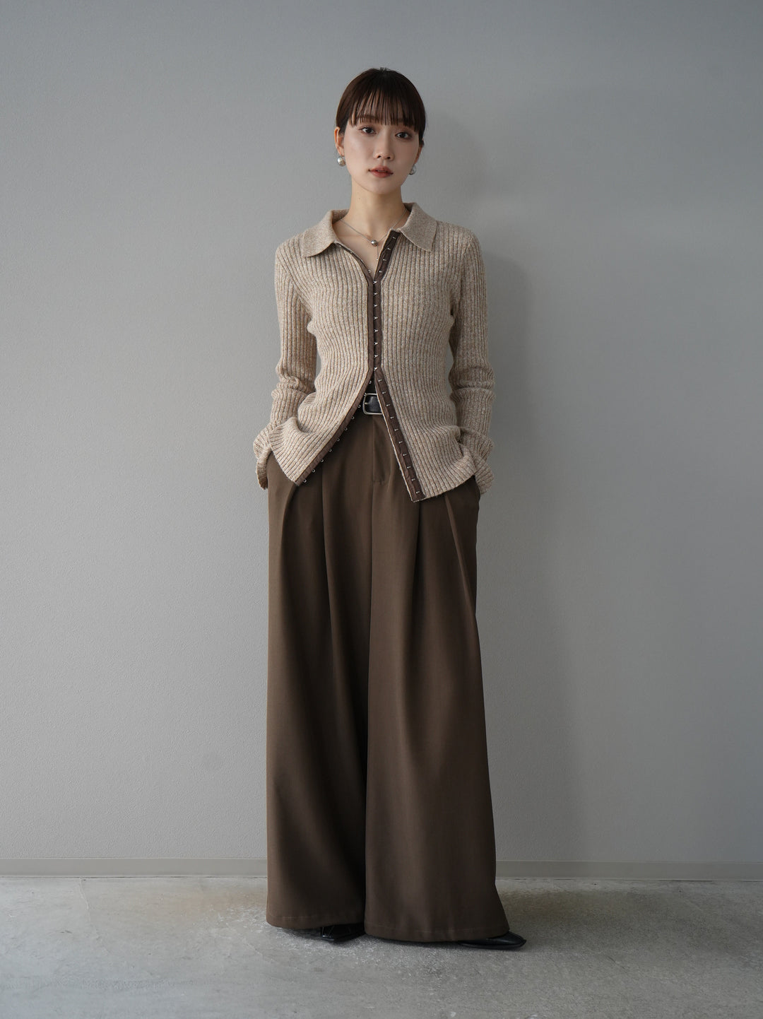 【預訂】皮帶設計收腰寬褲/摩卡