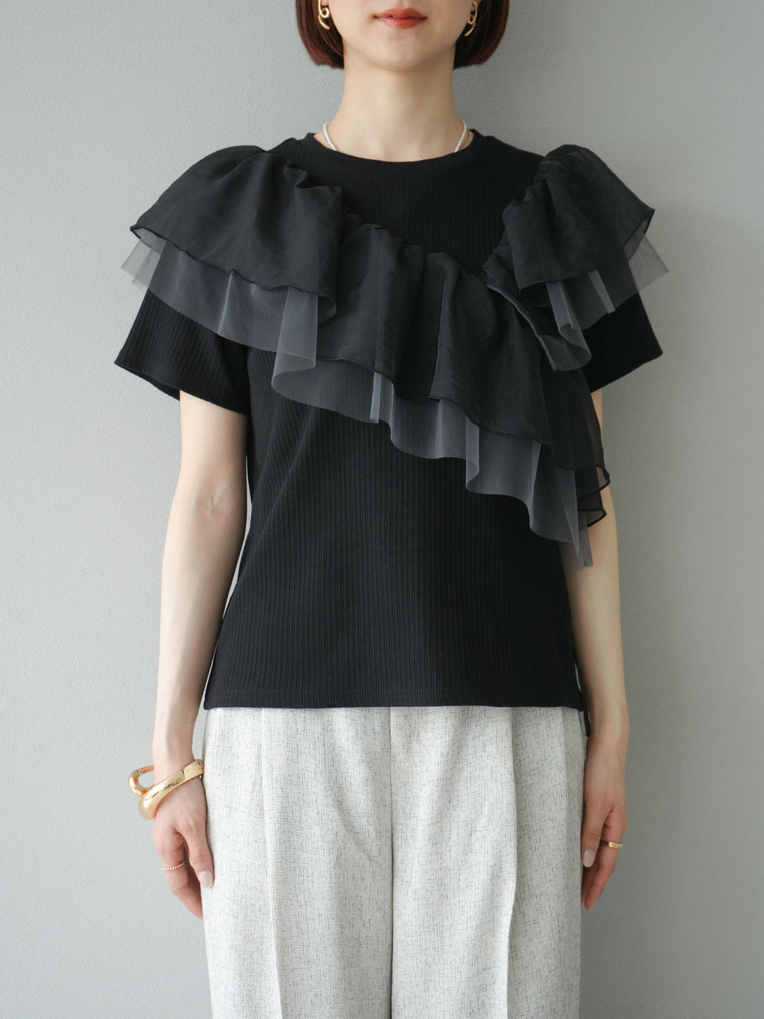 [予約]アシメフリルドッキングカットソー/ブラック