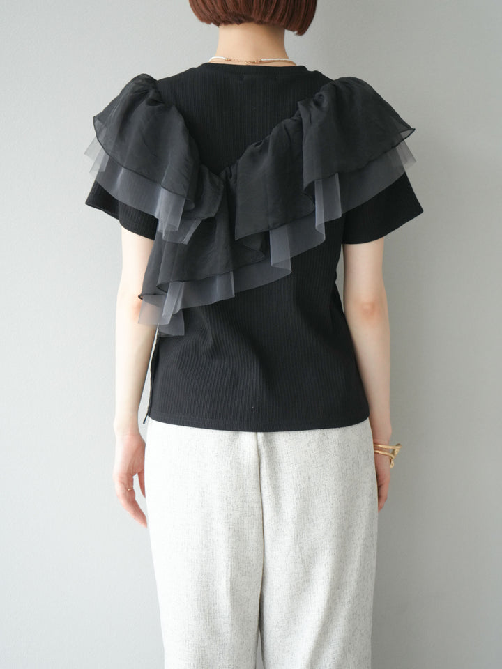 [予約]アシメフリルドッキングカットソー/ブラック