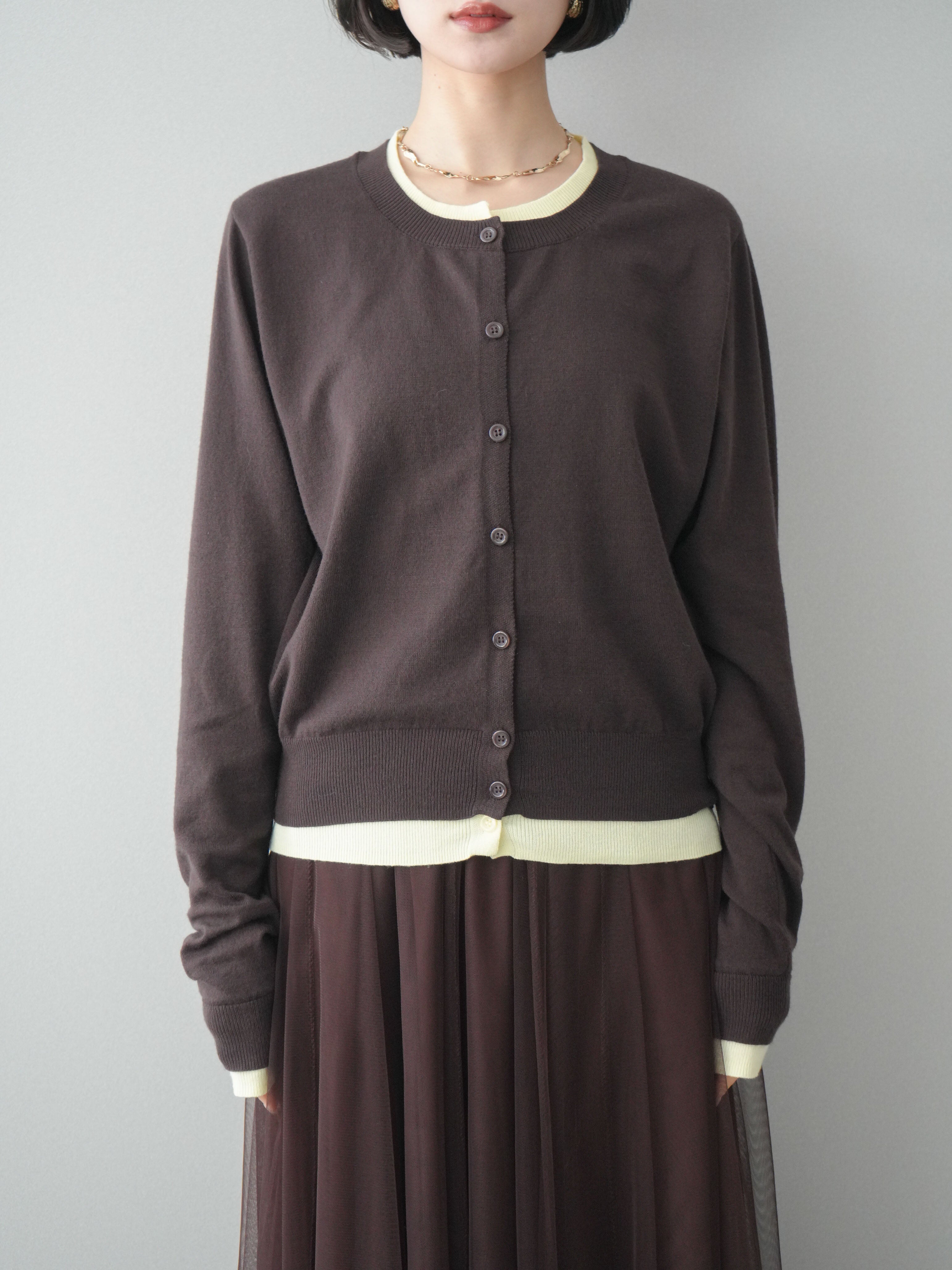 予約]配色レイヤードニットカーディガン/brown – Lumier