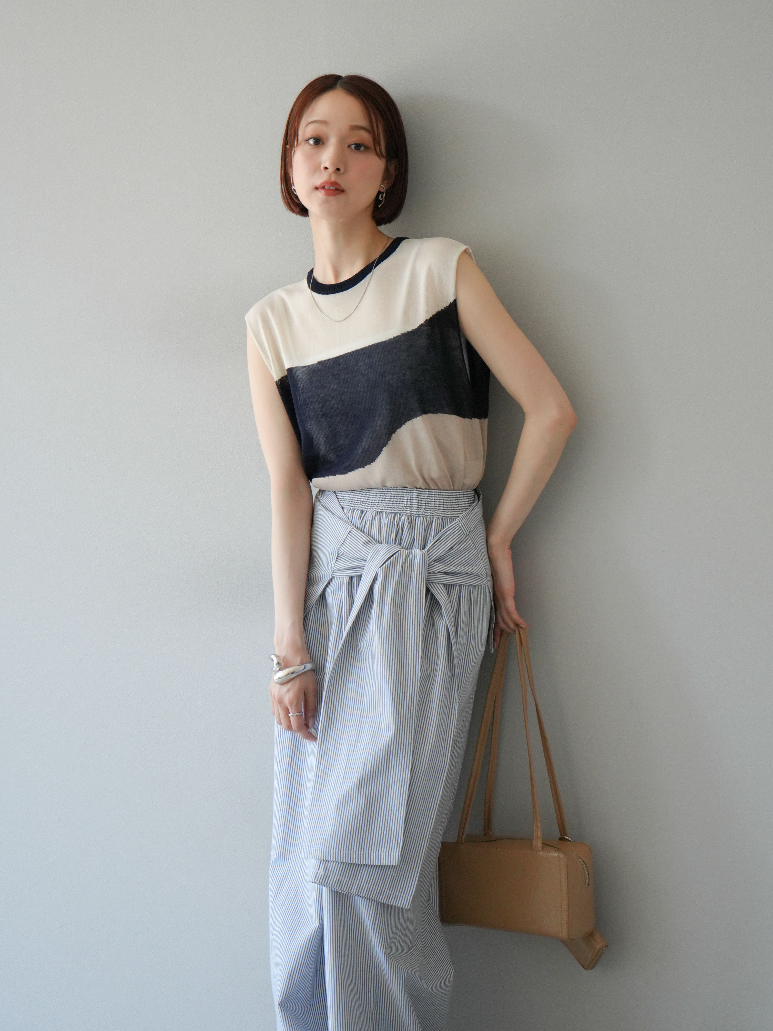 nory　シルキー SET]バイカラーシアーニットノースリーブ+選べるアクセセット(2set