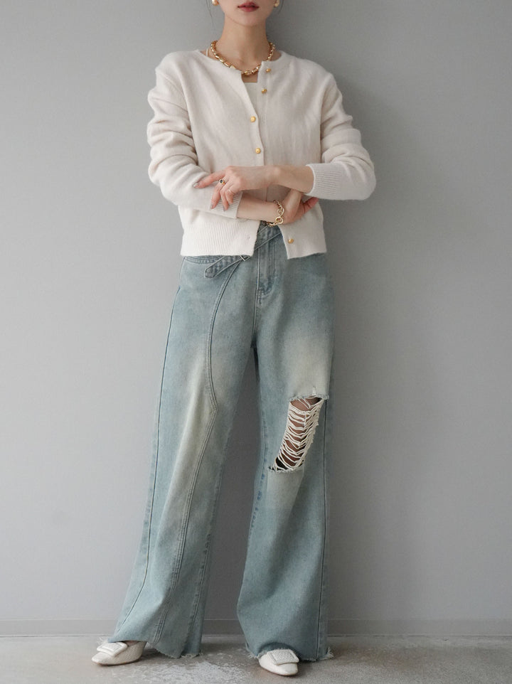 [予約]ゴールドボタンコンパクトニットカーディガン/アイボリー