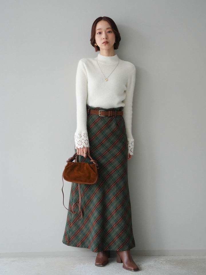 [予約]ベルト付チェック柄ナロースカート/green