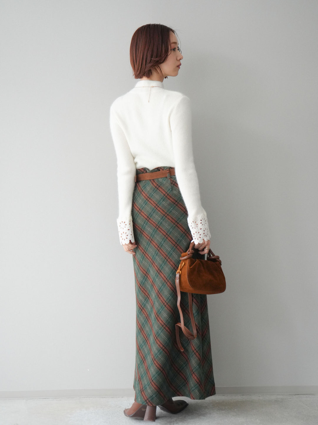 [予約]ベルト付チェック柄ナロースカート/green