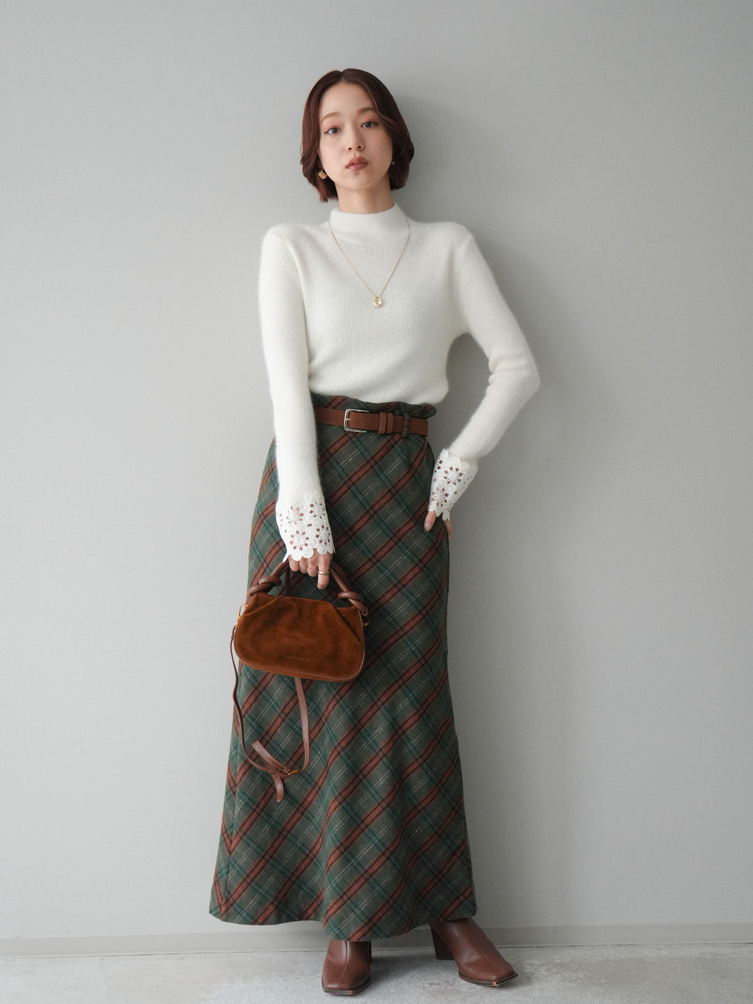 [予約]ベルト付チェック柄ナロースカート/green