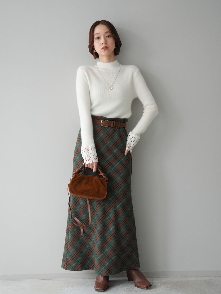 [予約]ベルト付チェック柄ナロースカート/green