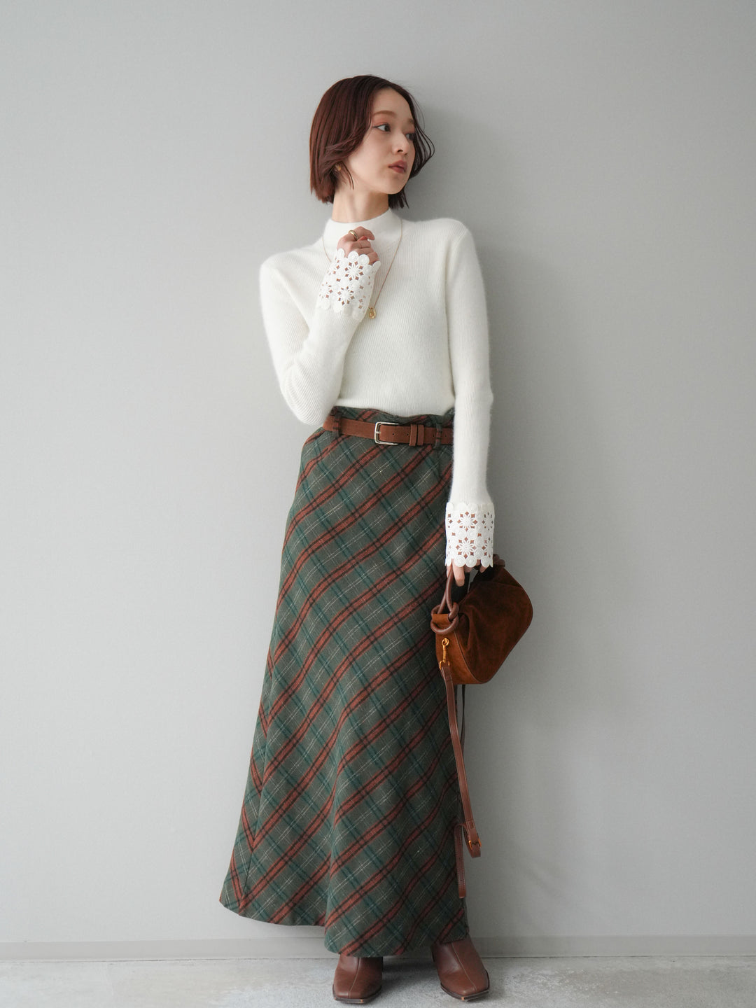 [予約]ベルト付チェック柄ナロースカート/green