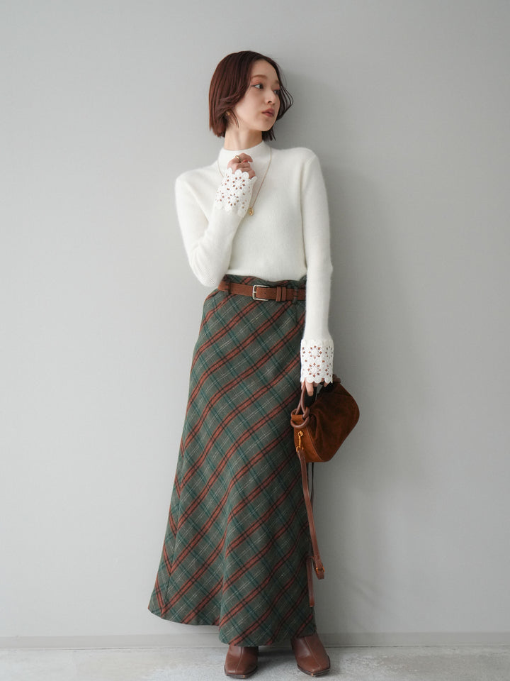 [予約]ベルト付チェック柄ナロースカート/green