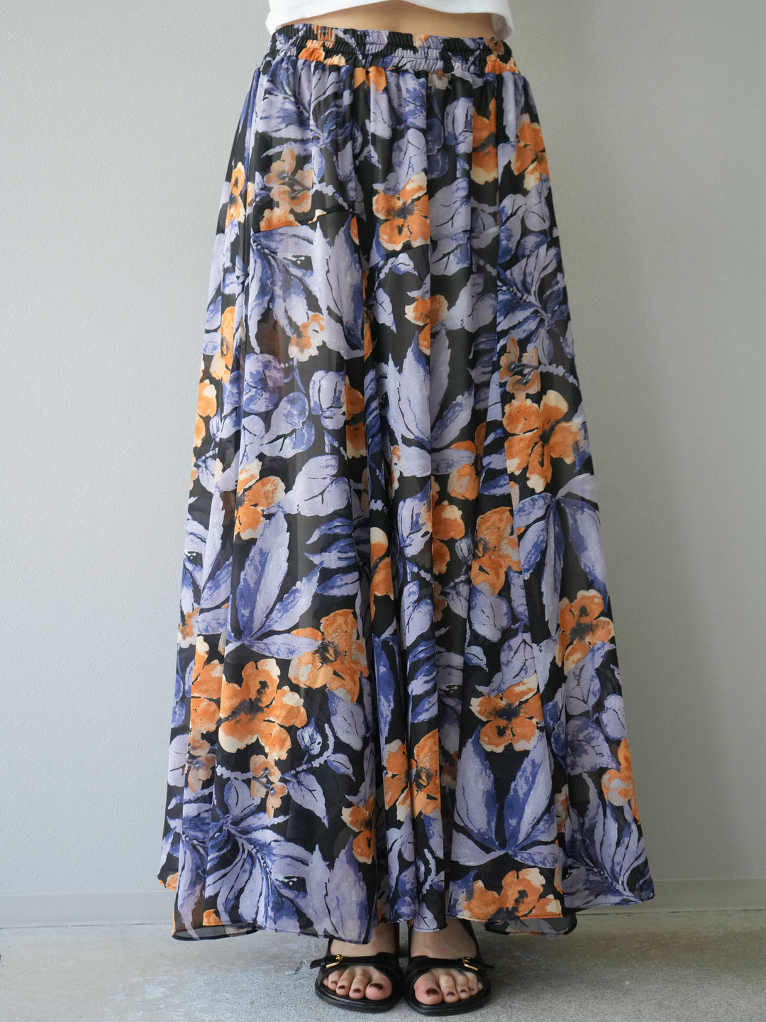 [予約]フラワープリントボリュームフレアスカート/ブラック