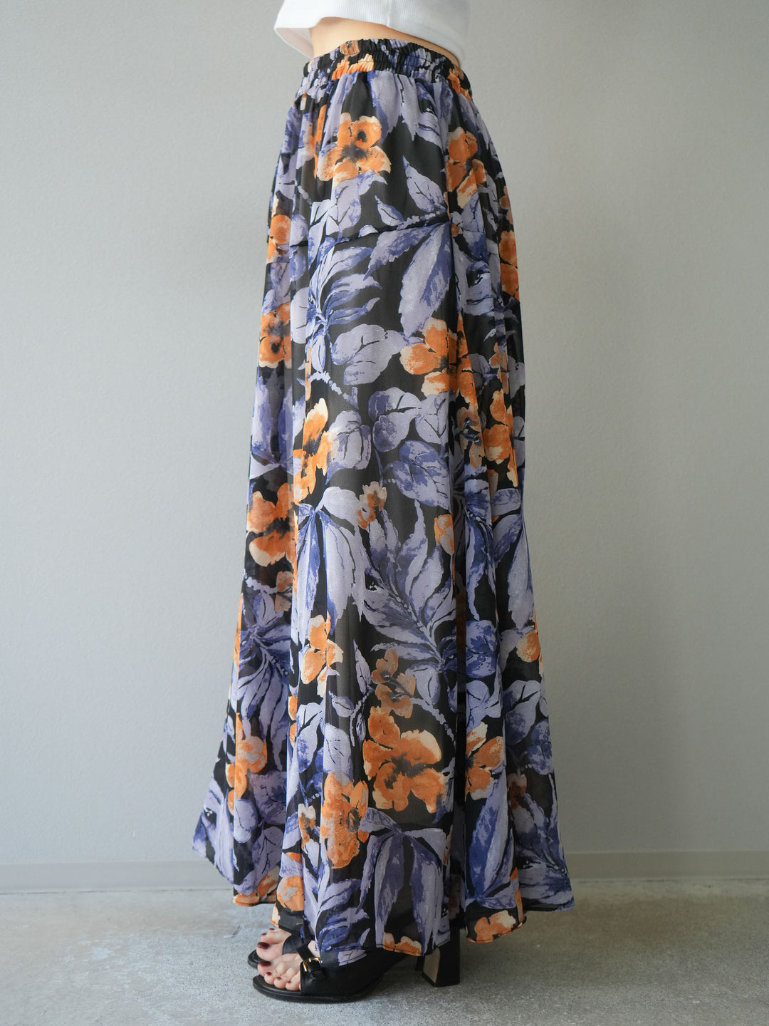 [予約]フラワープリントボリュームフレアスカート/ブラック