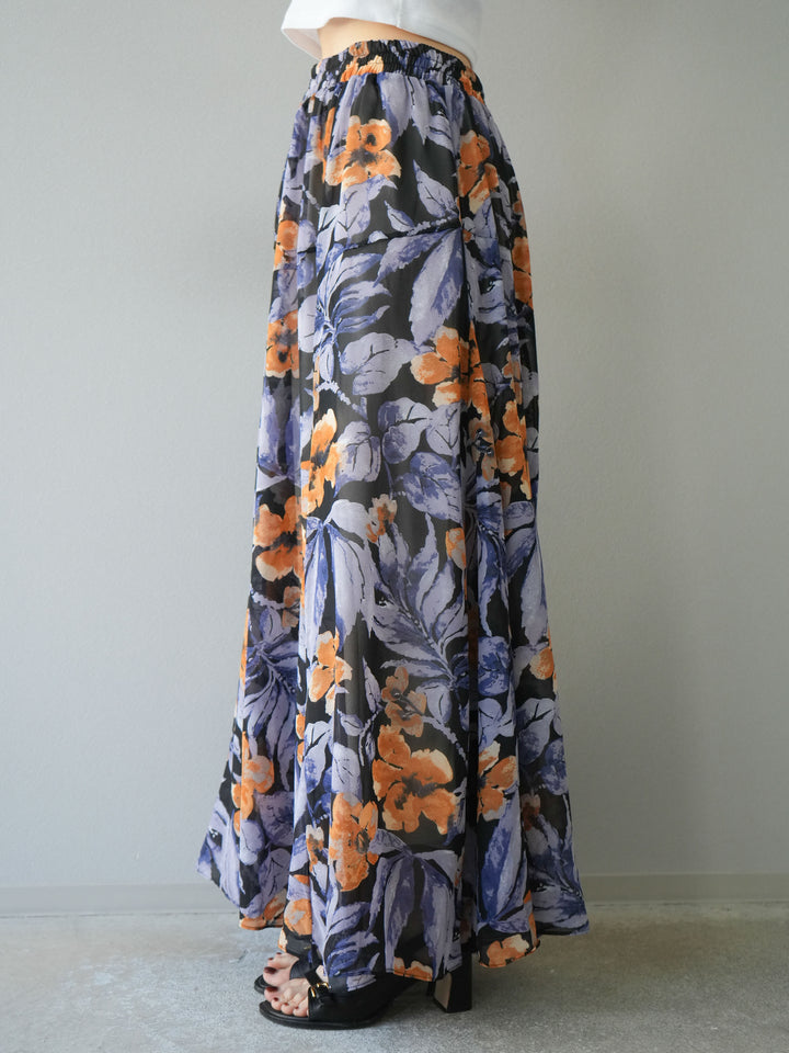 [予約]フラワープリントボリュームフレアスカート/ブラック