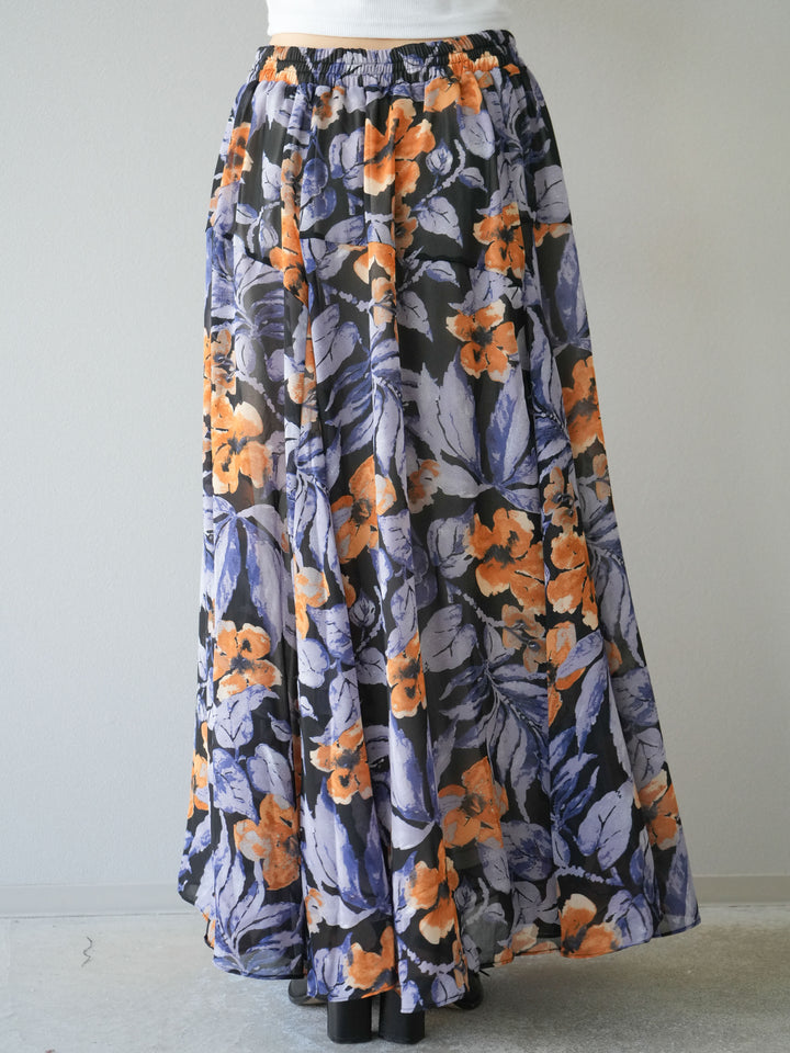 [予約]フラワープリントボリュームフレアスカート/ブラック