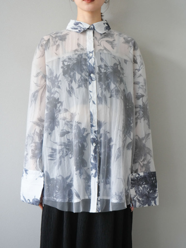 [予約]チュールドッキングフラワー柄オーバーサイズシャツ/グレー