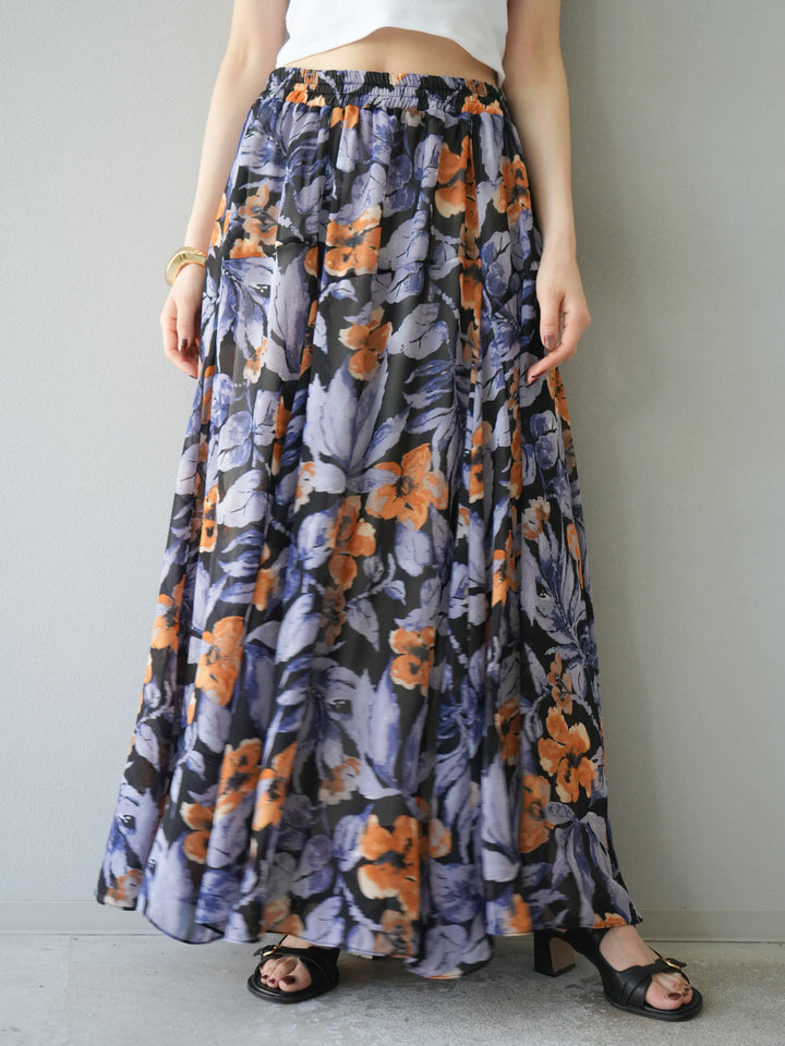 [予約]フラワープリントボリュームフレアスカート/ブラック