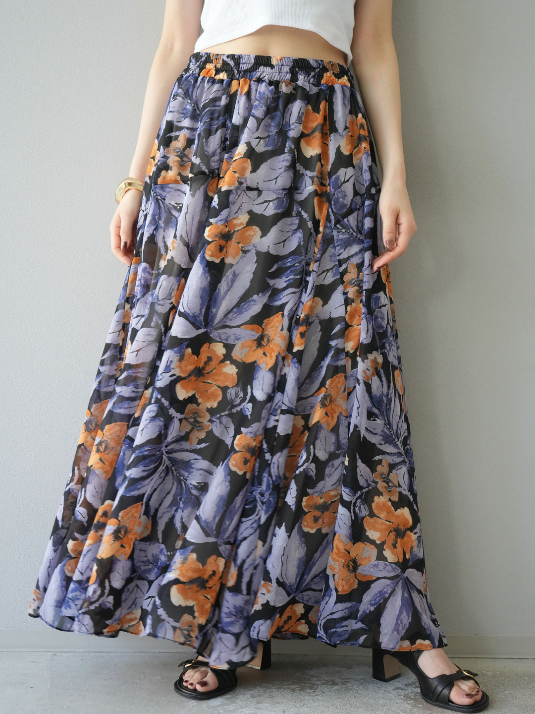 [予約]フラワープリントボリュームフレアスカート/ブラック