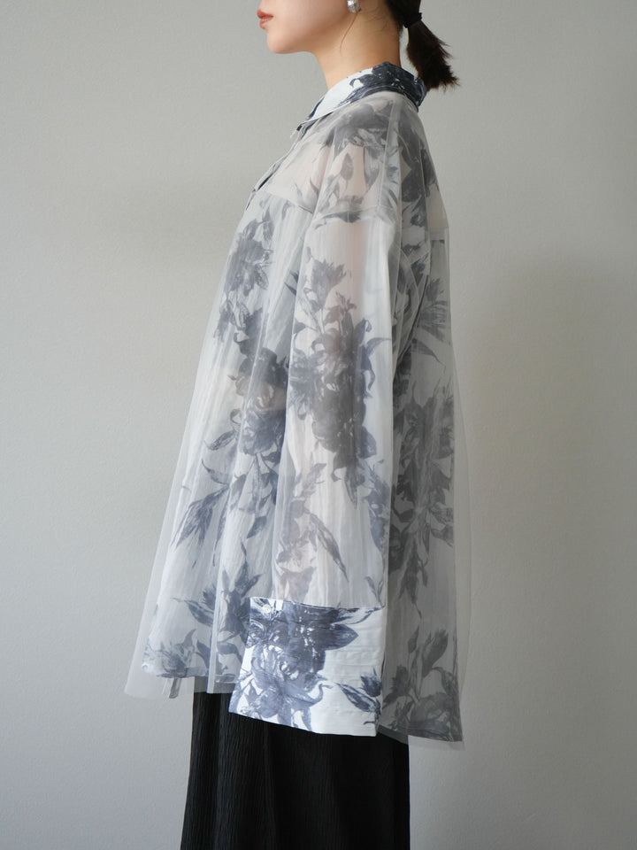 [予約]チュールドッキングフラワー柄オーバーサイズシャツ/グレー
