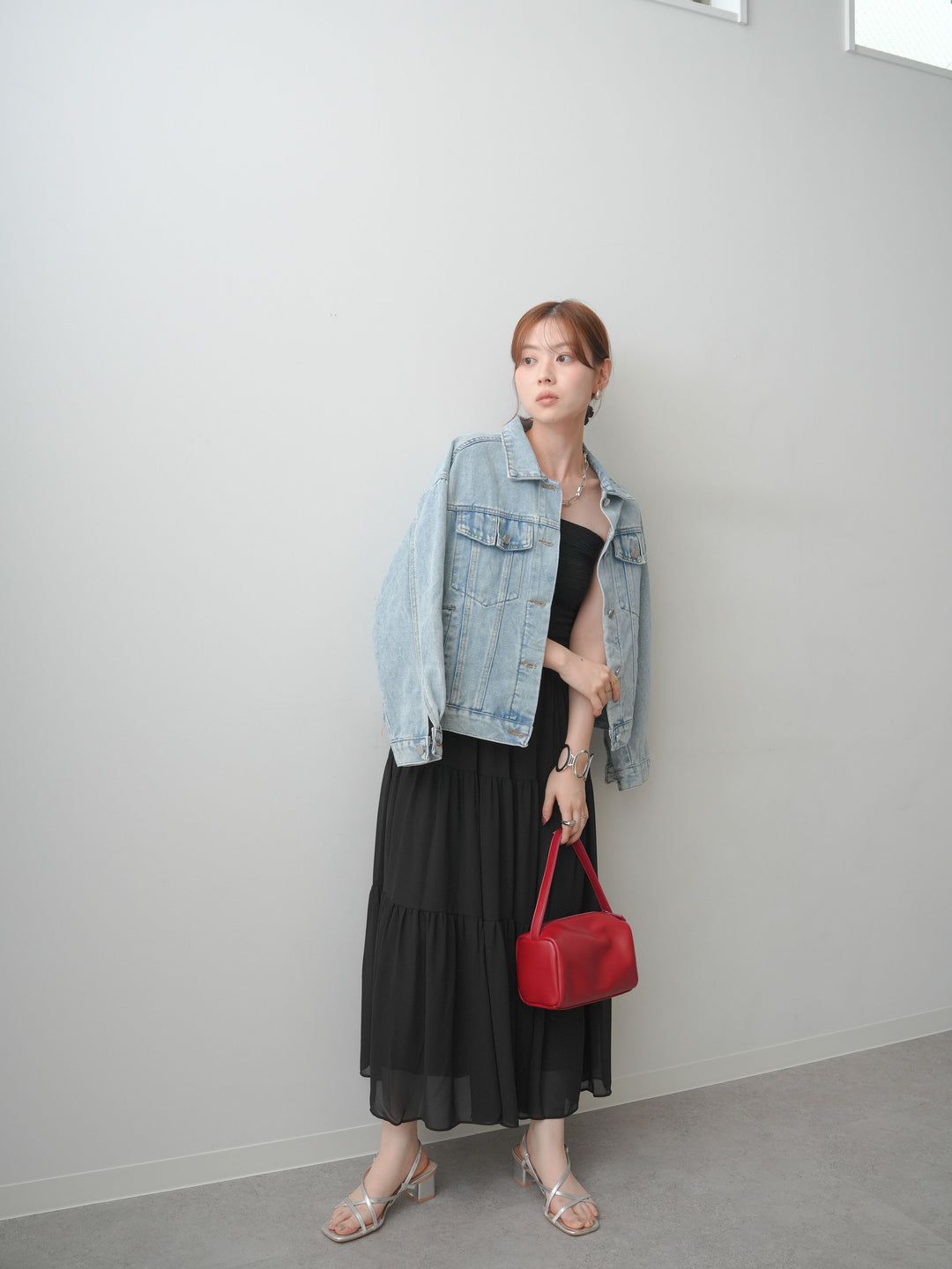 [SET]ティアードベアワンピース+フラップデザインデニムジャケット(2set)