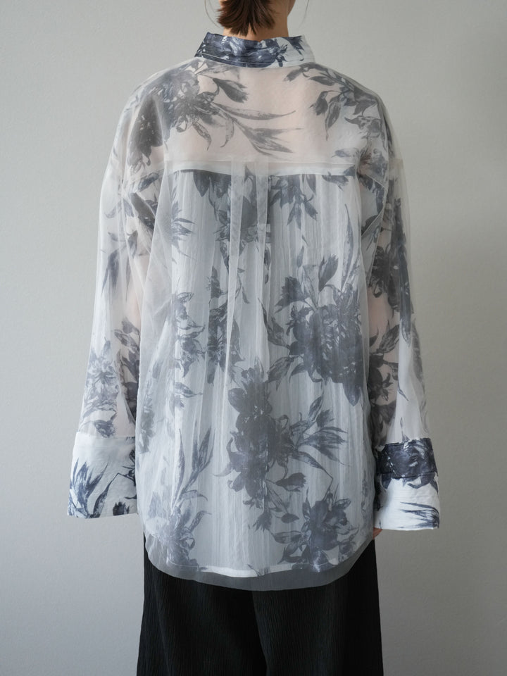 [予約]チュールドッキングフラワー柄オーバーサイズシャツ/グレー