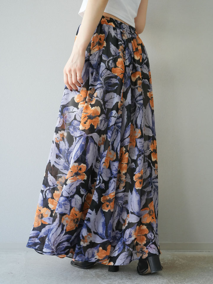 [予約]フラワープリントボリュームフレアスカート/ブラック