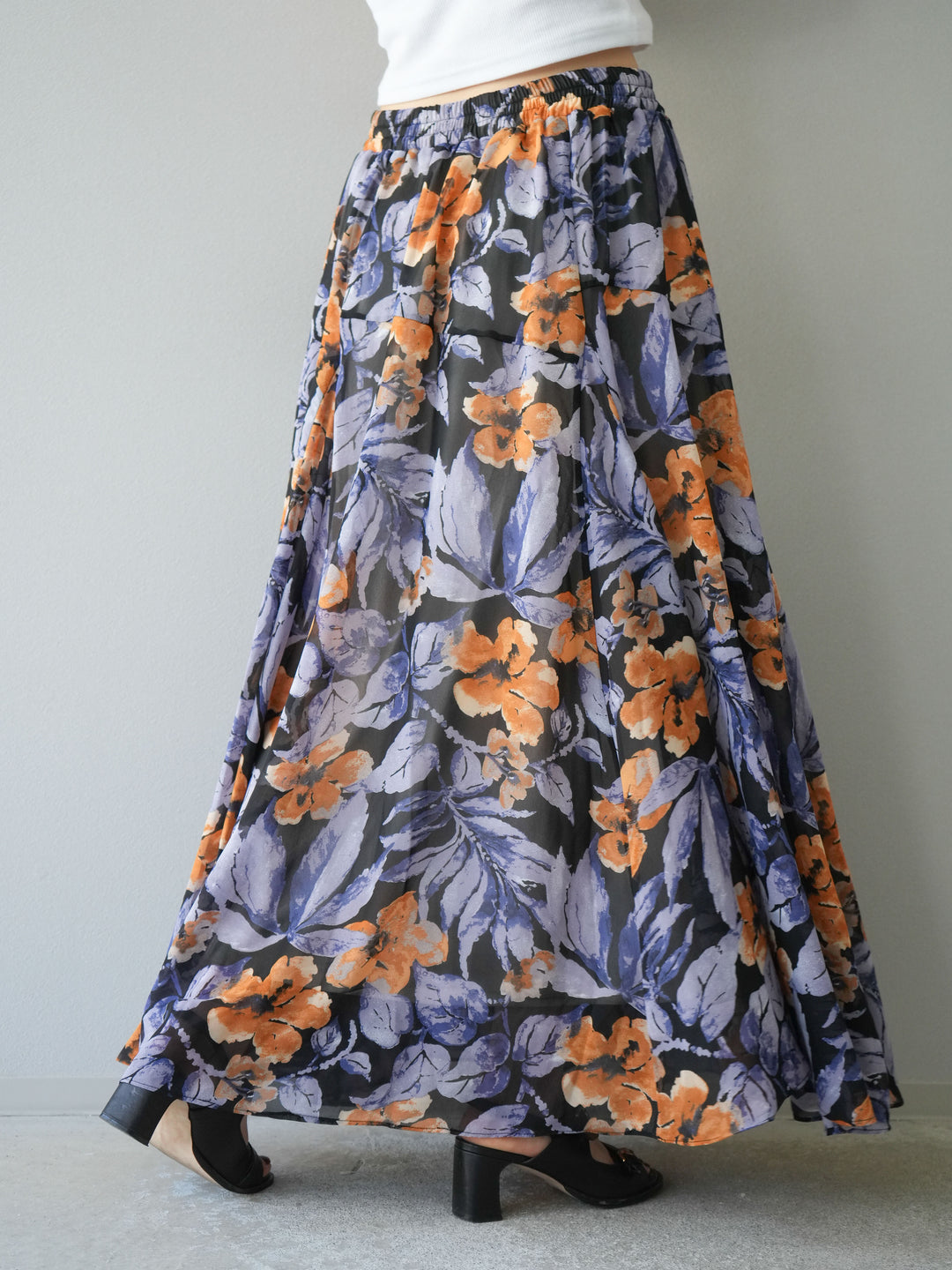 [予約]フラワープリントボリュームフレアスカート/ブラック
