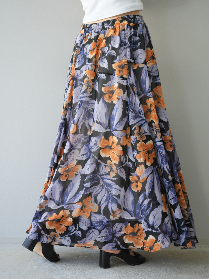 [予約]フラワープリントボリュームフレアスカート/ブラック