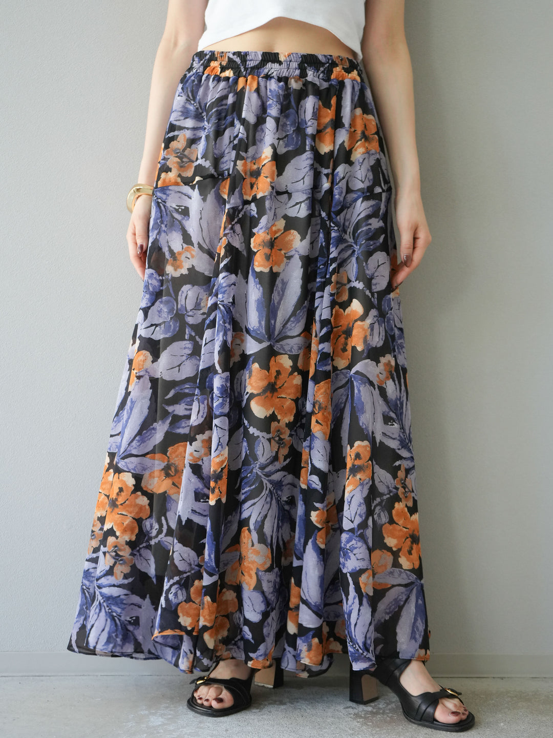 [予約]フラワープリントボリュームフレアスカート/ブラック