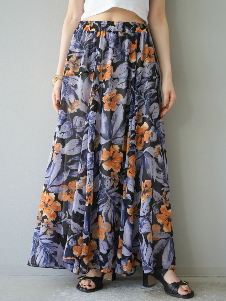 [予約]フラワープリントボリュームフレアスカート/ブラック