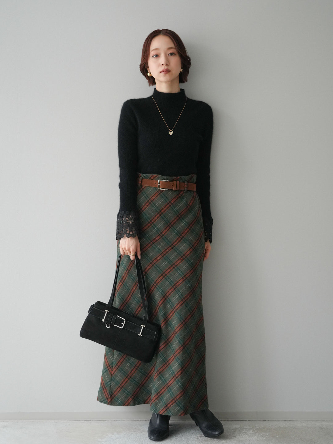 [予約]ベルト付チェック柄ナロースカート/green