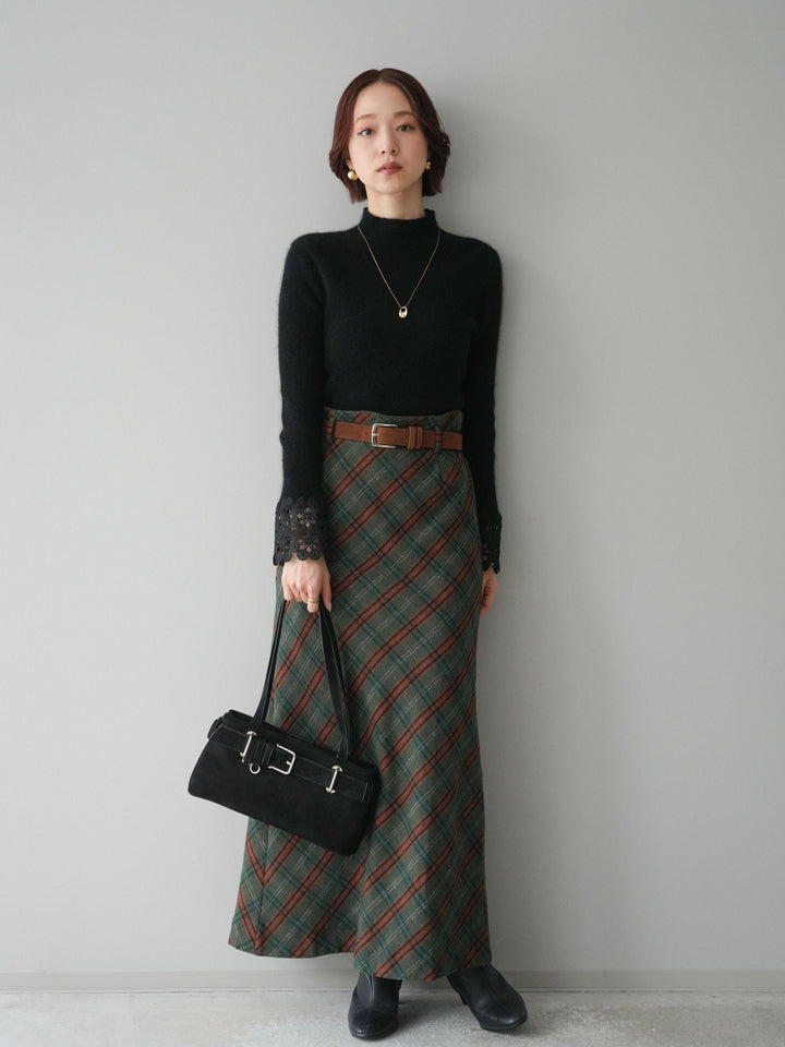 [予約]ベルト付チェック柄ナロースカート/green