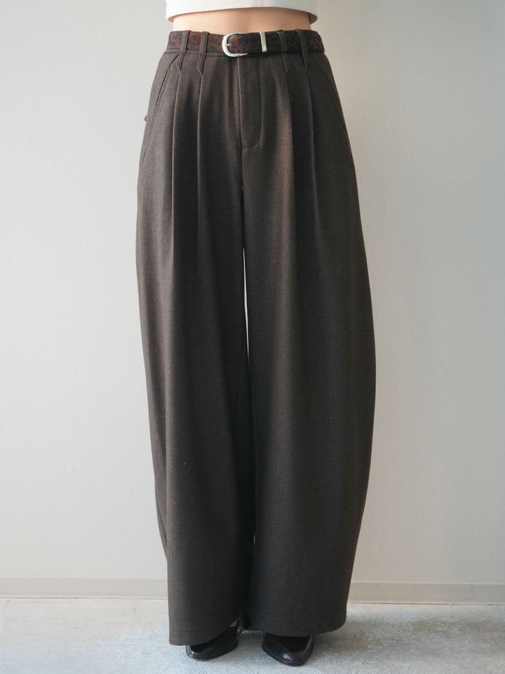 [予約]アニマル柄ベルト付きウールタッチワイドパンツ/brown