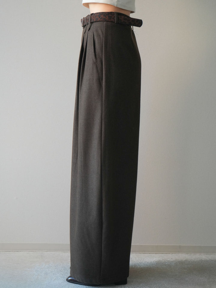 [予約]アニマル柄ベルト付きウールタッチワイドパンツ/brown