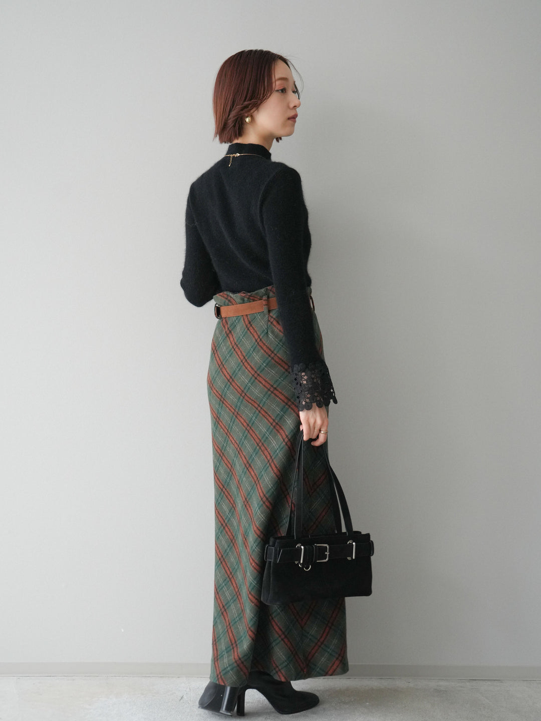 [予約]ベルト付チェック柄ナロースカート/green