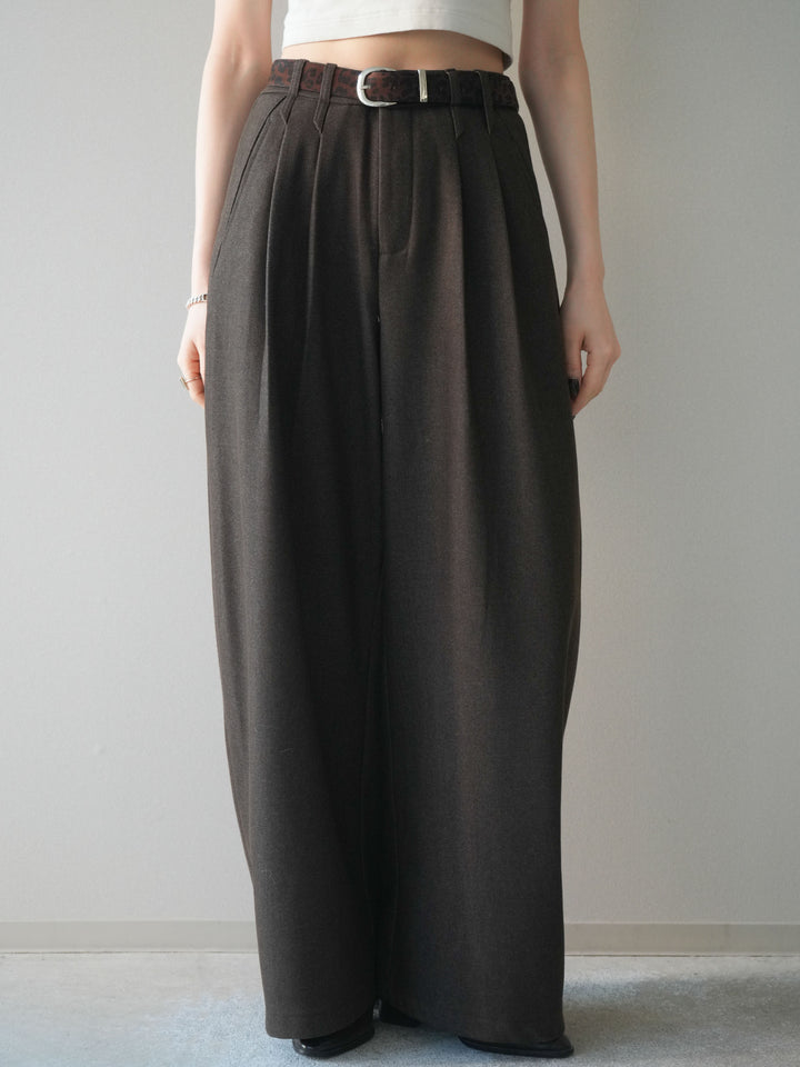 [予約]アニマル柄ベルト付きウールタッチワイドパンツ/brown