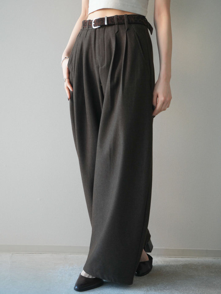 [予約]アニマル柄ベルト付きウールタッチワイドパンツ/brown