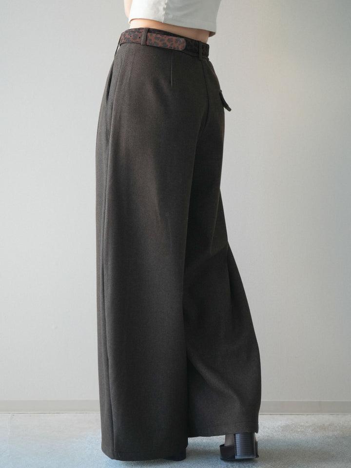 [予約]アニマル柄ベルト付きウールタッチワイドパンツ/brown