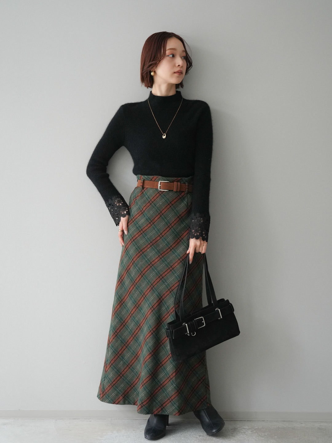 [予約]ベルト付チェック柄ナロースカート/green