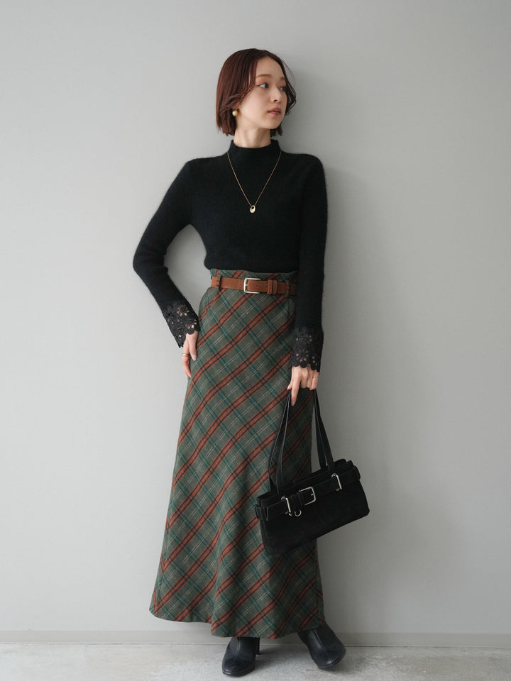 [予約]ベルト付チェック柄ナロースカート/green