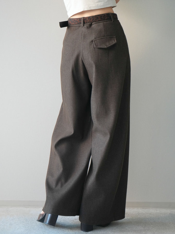 [予約]アニマル柄ベルト付きウールタッチワイドパンツ/brown