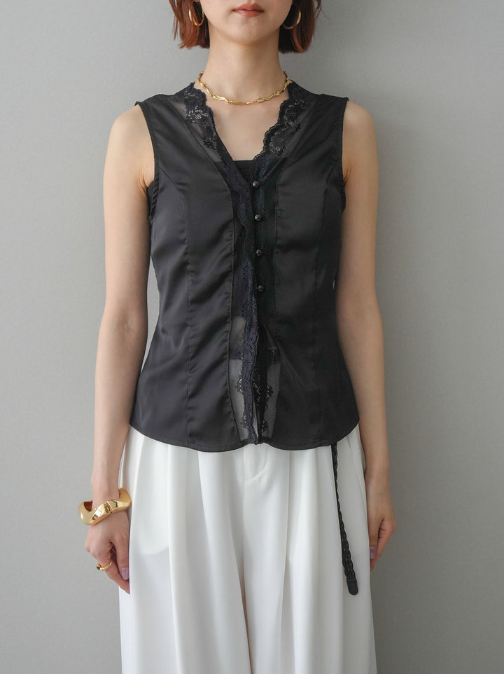 [予約]ノースリサテンレースキャミソール/black