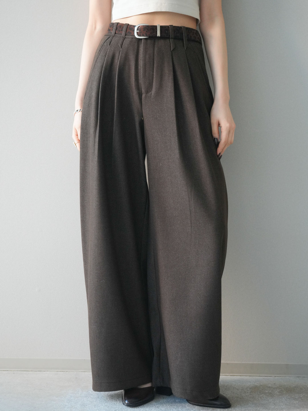 [予約]アニマル柄ベルト付きウールタッチワイドパンツ/brown