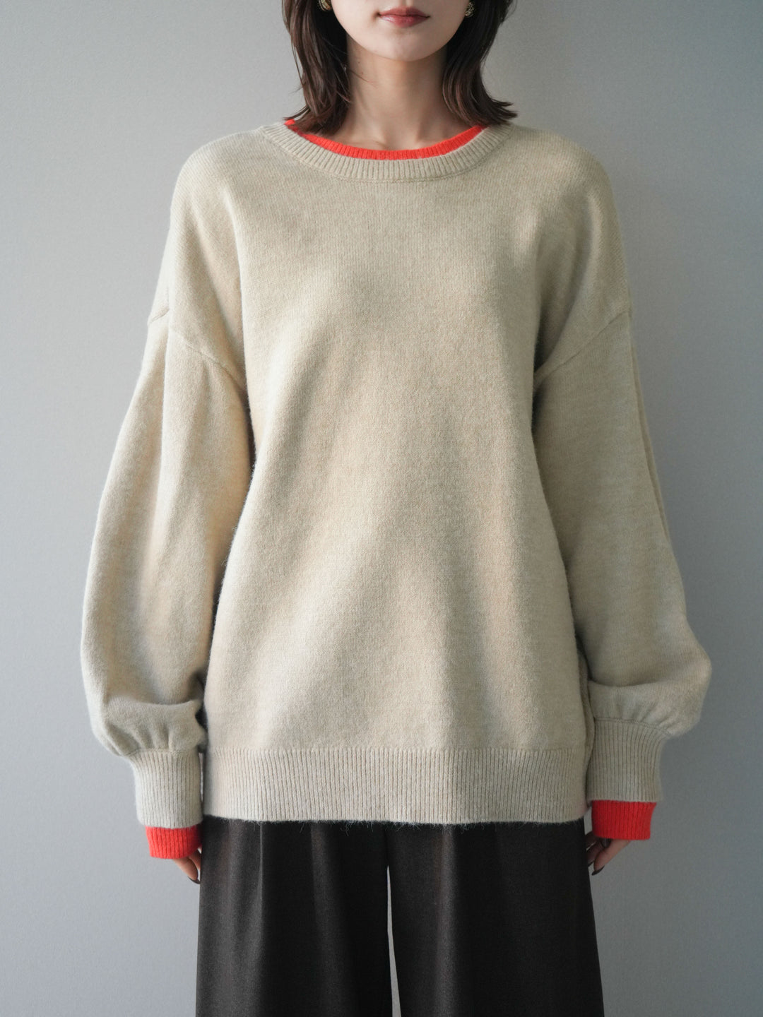 [予約]ヘンリーネック配色レイヤードニットプルオーバー/beige