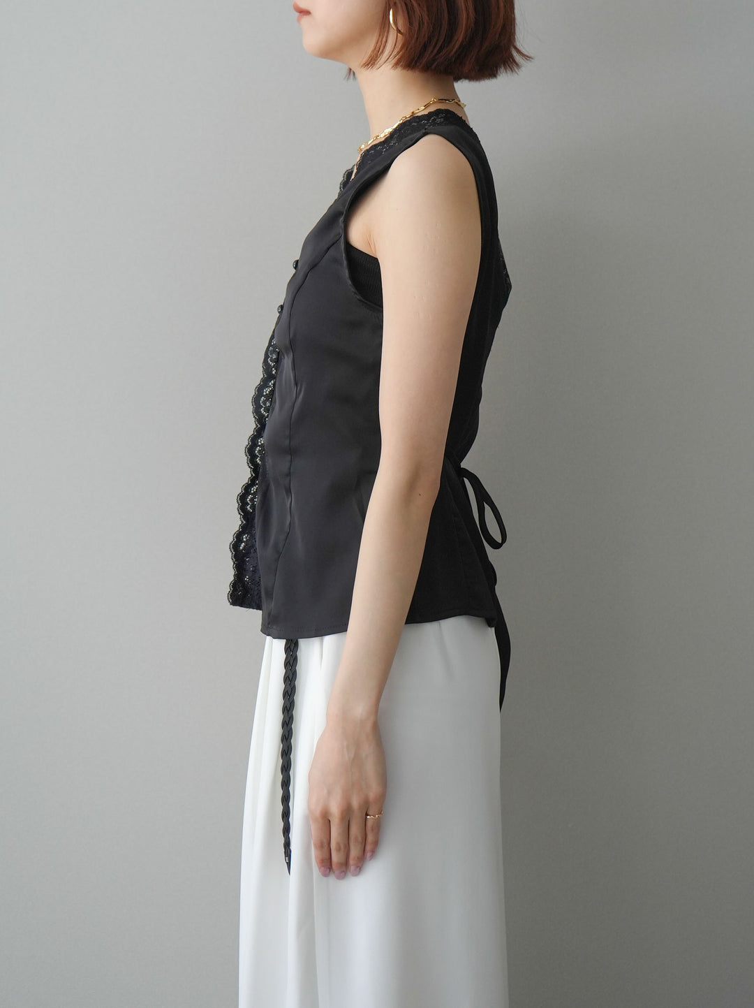 [予約]ノースリサテンレースキャミソール/black