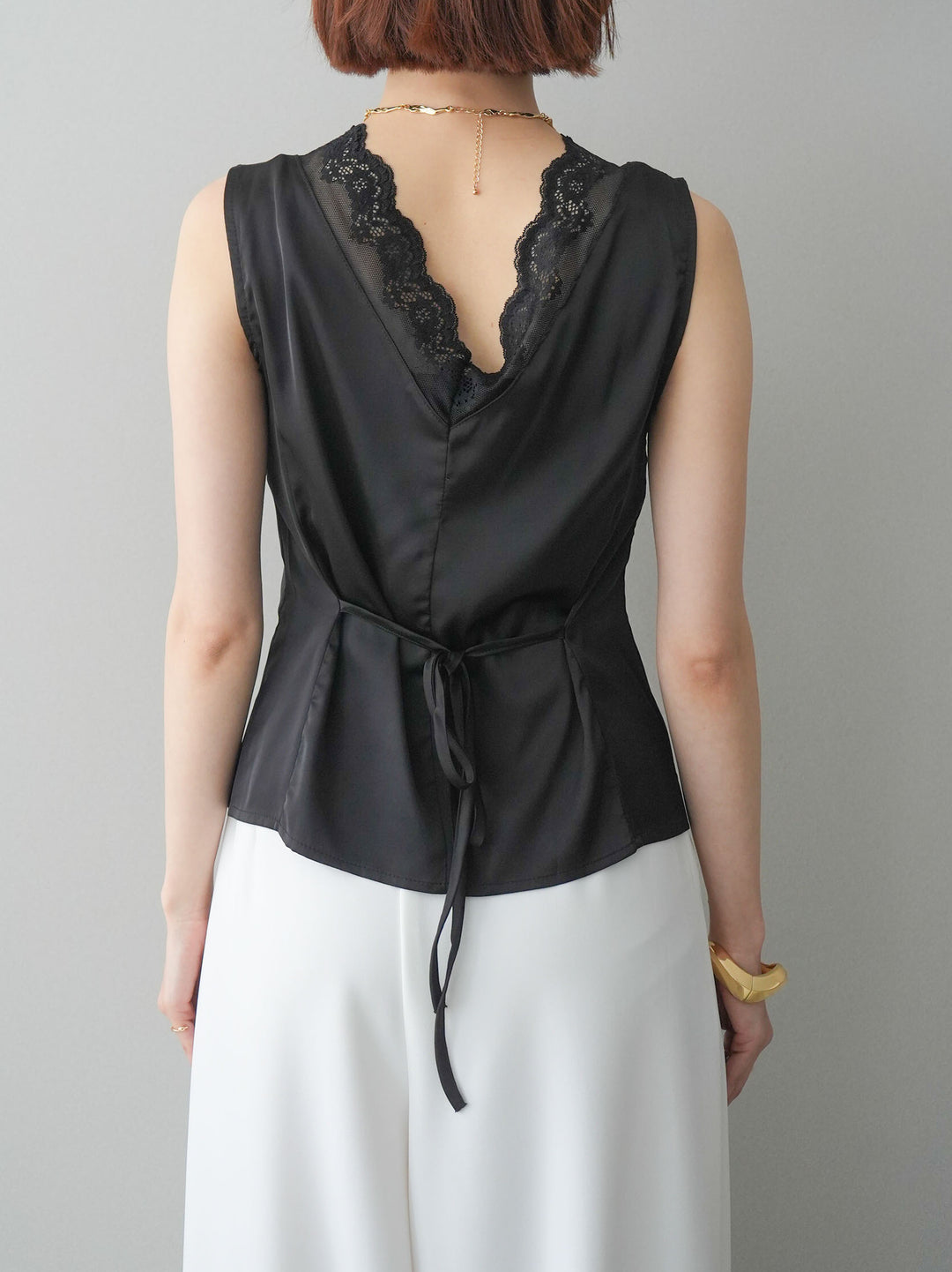 [予約]ノースリサテンレースキャミソール/black