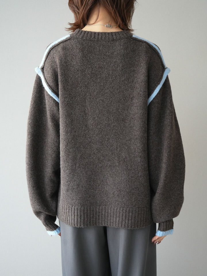 [予約]バイカラーパイピングニットプルオーバー/brown