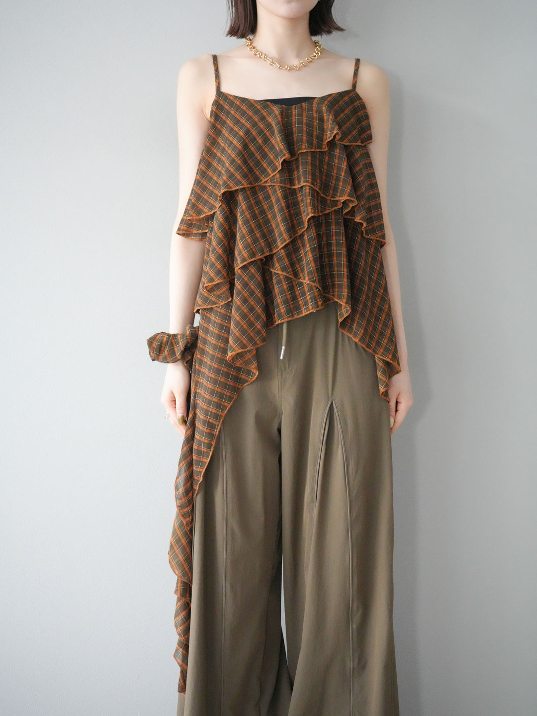 [予約]チェック柄ラッフルキャミソール/ブラウン