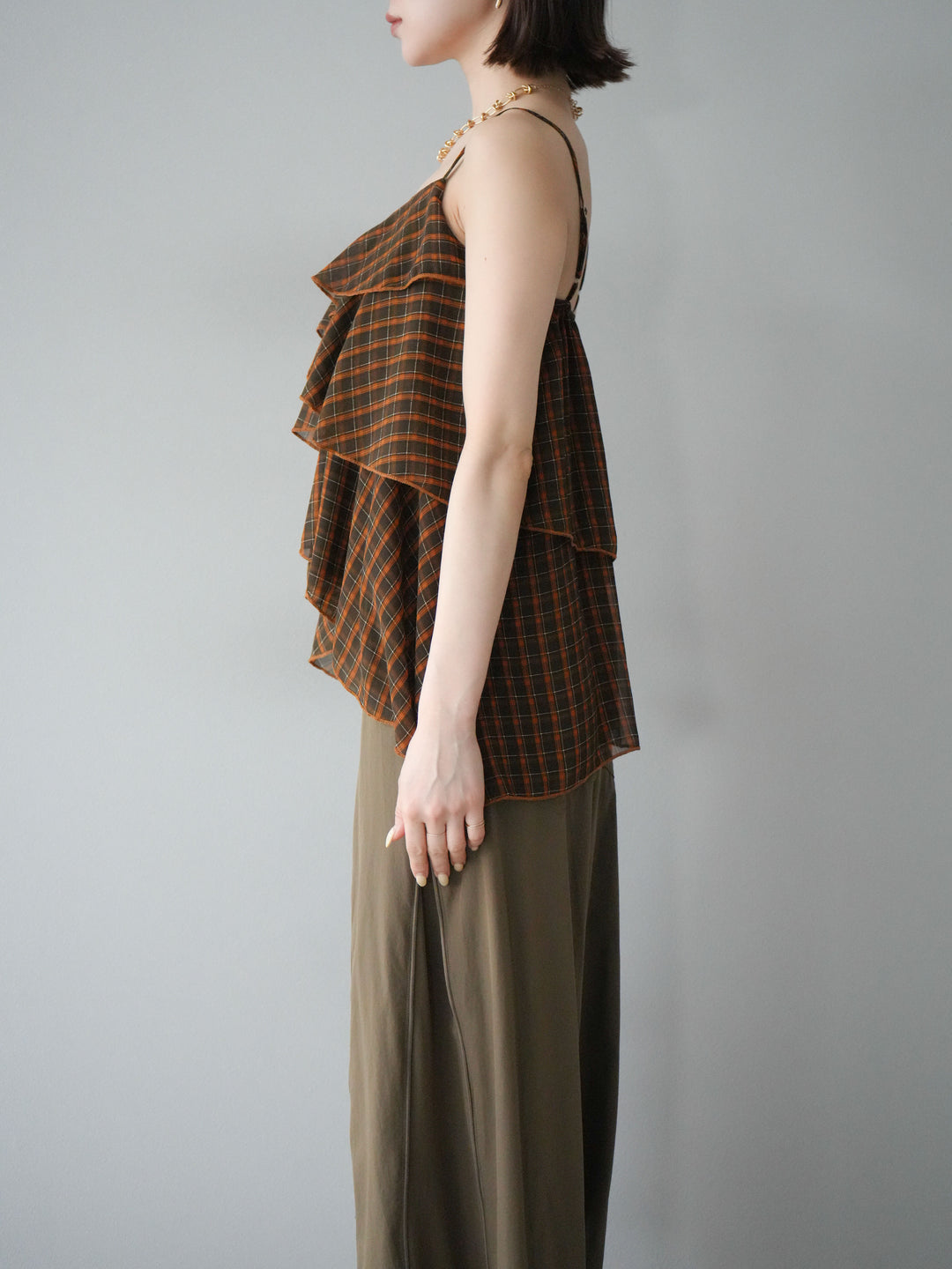 [予約]チェック柄ラッフルキャミソール/ブラウン