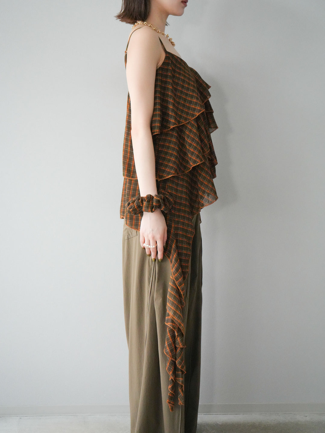 [予約]チェック柄ラッフルキャミソール/ブラウン